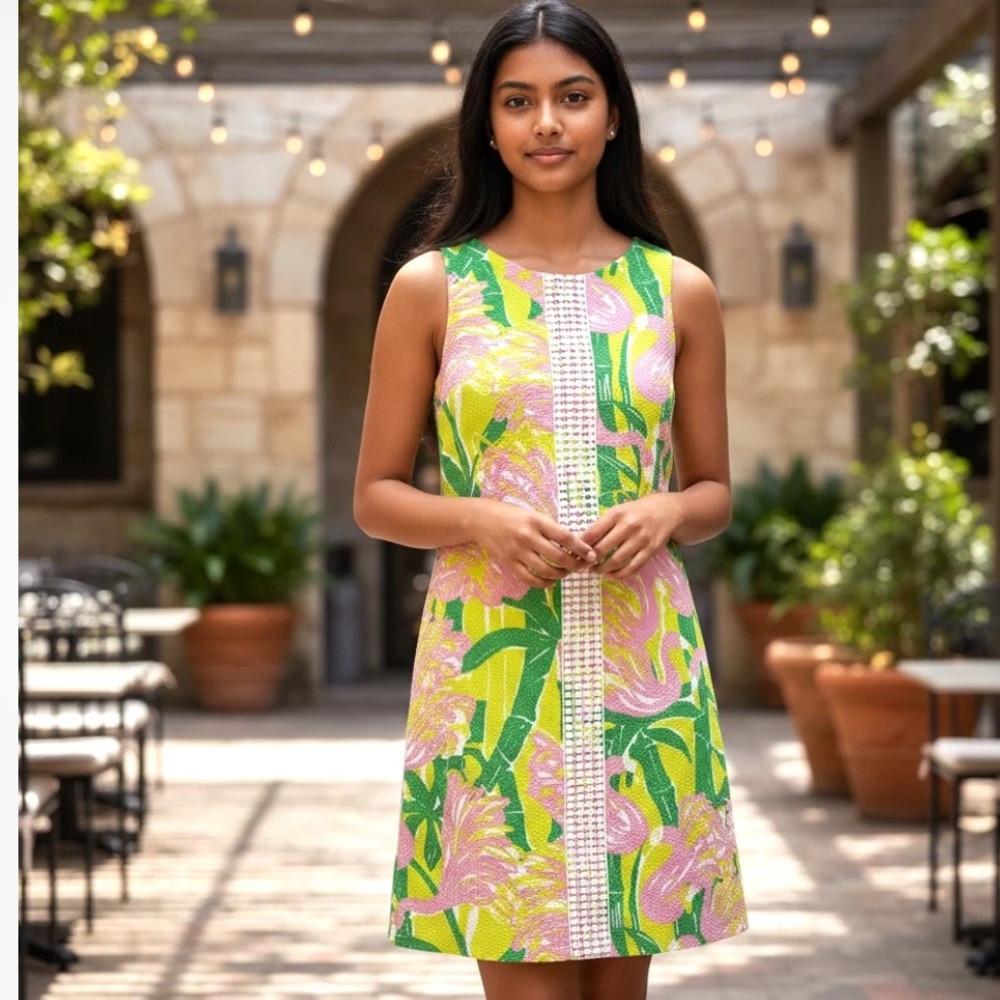 Lilly‎ Pulitzer Target GIRLS Shift Dress L 10/12 Fan Dance Pink Yellow Flamingo